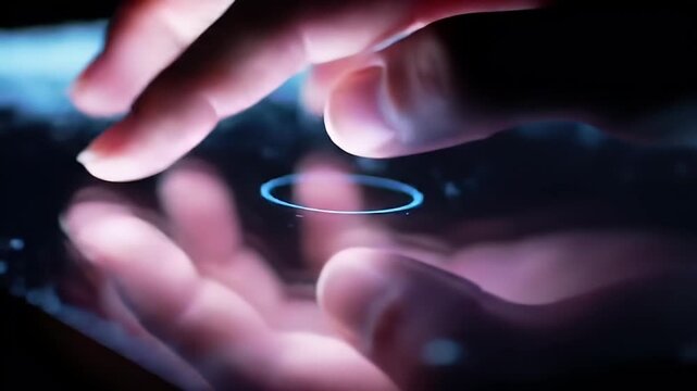 Fingers interact w/blue, textured surface; circular recess visible