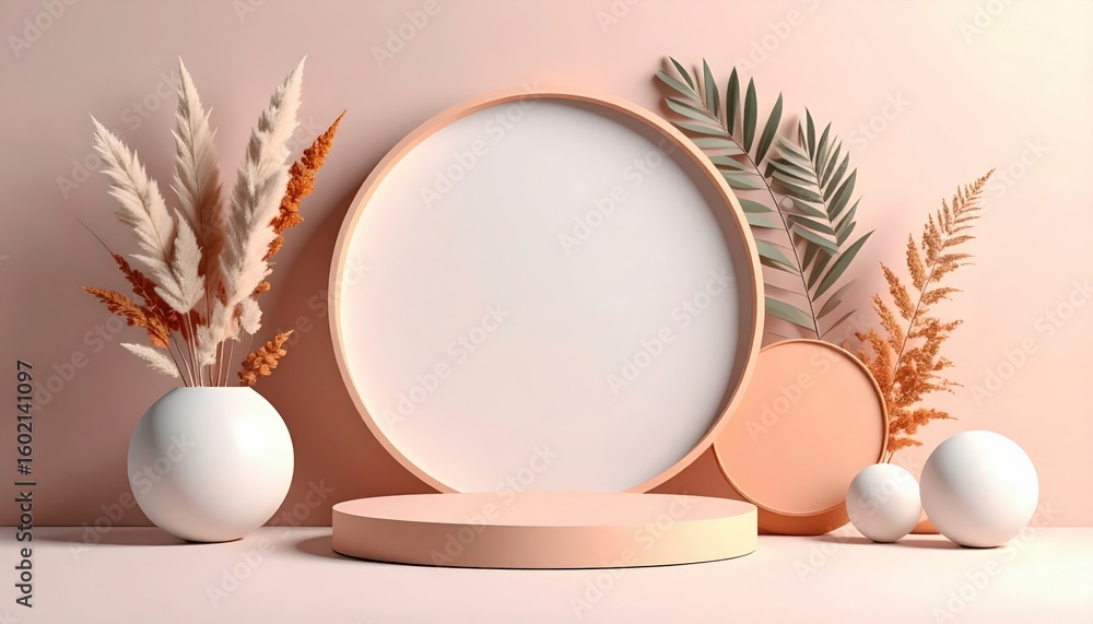 Poster elegant minimalist display featuring natural elements studio setting decorative arrangement soft col