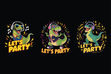 Fototapeta premium Dancing dinosaurs with headphones and party text t-rex
