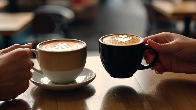 Two cups of coffee with latte art on a wooden table, creating a cozy atmosphere.