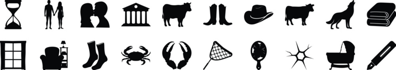 Silhouette Icon Set – Love, Western, Animal, and Home Theme Collection - This image showcases a high-contrast black silhouette icon set featuring a wide range of symbolic graphics. 