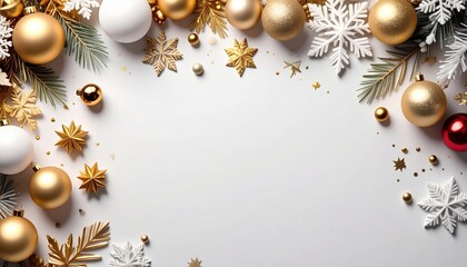 Fototapeta premium Festive holiday decoration scene with gold and white ornaments christmas celebration home decor indoor setting overhead view celebration vibe