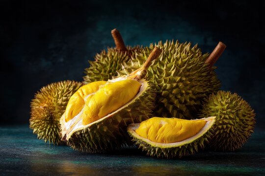 Ripe and fresh durians with yellow peels against a dark backdrop They can be intense or mild with varieties like KG Kahwin D24 IOI and Musang King