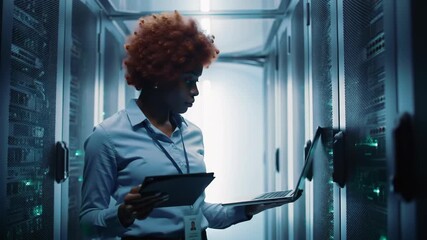 A professional African American female IT technician performing server maintenance in a modern data center, using a laptop and tablet for diagnostics and system administration tasks.
- Powered by Adobe