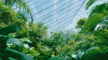 A lush indoor greenhouse filled with vibrant tropical plants under a bright glass roof creating a serene and natural atmosphere