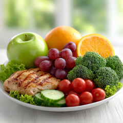 A healthy balanced meal plate featuring grilled chicken breast with fresh vegetables and fruits including broccoli, cherry tomatoes, cucumber, grapes, green apple, and orange slices
