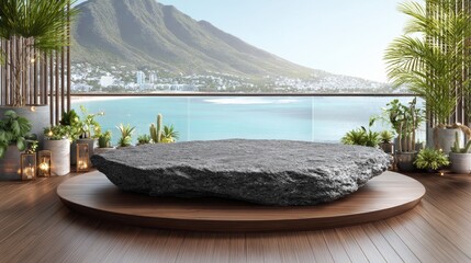 Stone Podium on Wooden Deck with Ocean View, tropical , product display