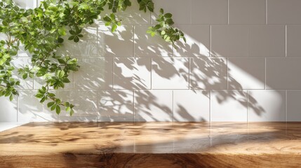 Sunlit Wooden Counter with Greenery and White Tiles, product display ,background