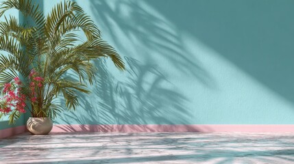Tropical Plant Shadow on Teal Wall, Interior , Palm Tree