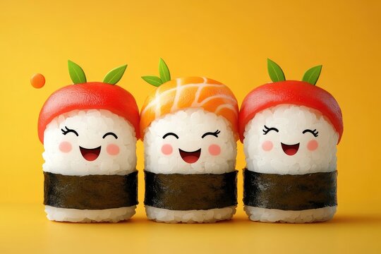 Three adorable sushi characters display cheerful expressions aga