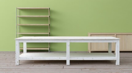 Wooden Furniture Set on Green Wall Rustic Table, Shelf ,Home decor