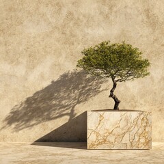 Zen Tree on Marble Cube, shadow, bonsai