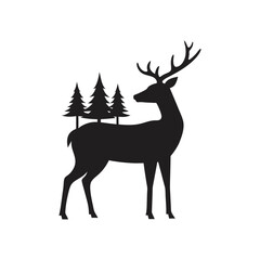 silhouette of a deer with pine trees and forest sc vector art