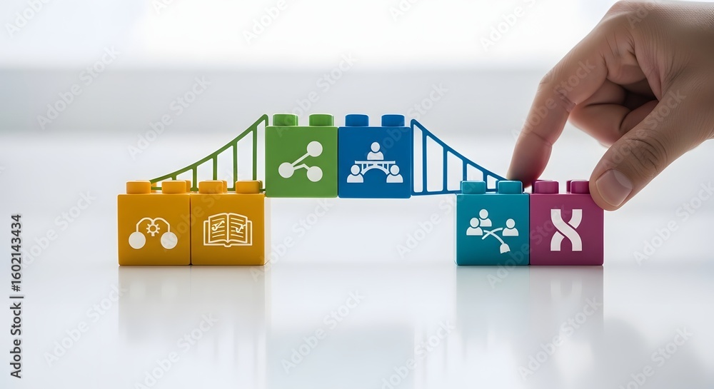 Aufkleber hand building a bridge with colorful blocks featuring icons for structure, networking, and knowledge