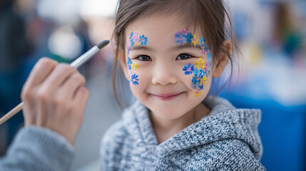 A child getting face paint applied at a colorful outdoor festival creating a joyful and playful atmosphere