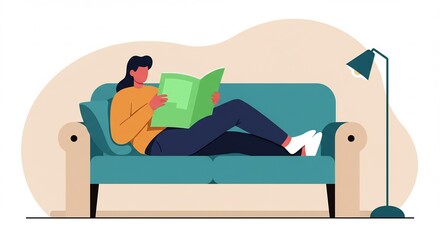 Fototapeta premium Woman Reading Book Lying on Sofa Relaxing at Home