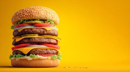 fresh hamburger stacked high with vibrant colorful background