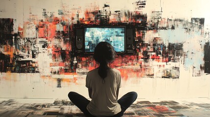 Girl Sitting Crosslegged Watching Abstract Digital Art on Wall in Modern Gallery