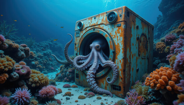 Octopus exploring abandoned washing machine coral reef underwater photography marine life wide angle surreal environment