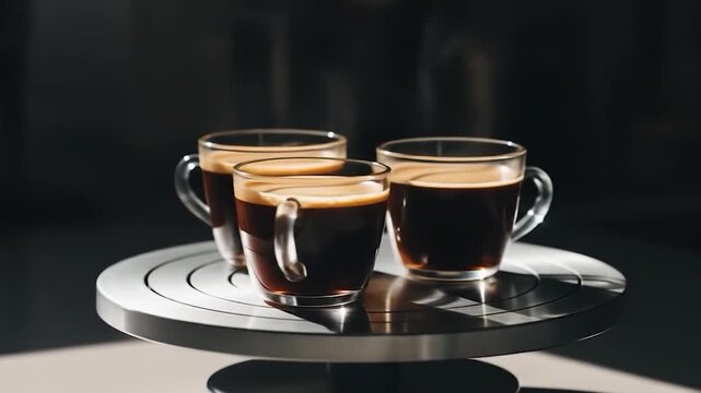 Espresso Trio: Steaming Coffee Cups on Rotating Platform, Dark Background, Minimalist Style