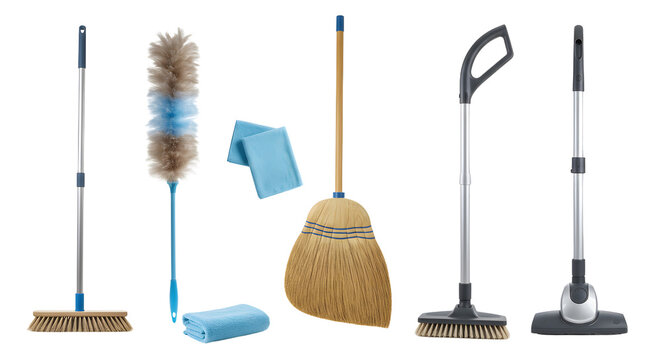 A collection of cleaning tools including a broom, dustpan, and duster, arranged neatly on a white background for promotional use
