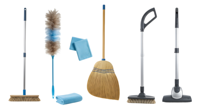 A collection of cleaning tools including a broom, dustpan, and duster, arranged neatly on a white background for promotional use