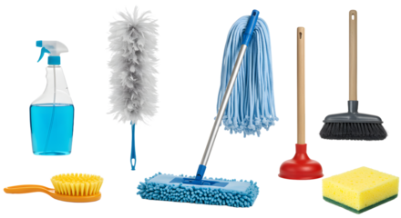 A collection of cleaning tools including a spray bottle, mop, duster, sponge, and brush, arranged on a white background