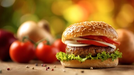 hamburger with fresh onions and tomato bright colorful background