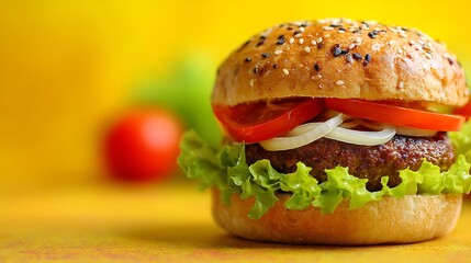 hamburger with fresh onions and tomato bright colorful background