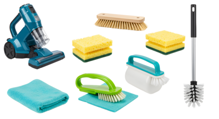 A collection of cleaning tools including a vacuum, brushes, sponges, and cloths arranged neatly on a white background