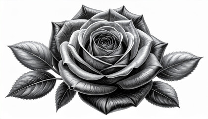 Eternal Rose: An elegant depiction of a singular, flawless rose in monochrome, its intricate petals and surrounding leaves rendered in exquisite detail, presenting a timeless symbol of beauty.