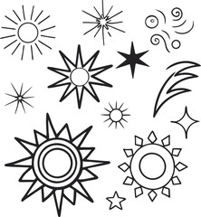 Hand-Drawn Sun, Star, and Cosmic Elements – Black Line Art Symbols Collection