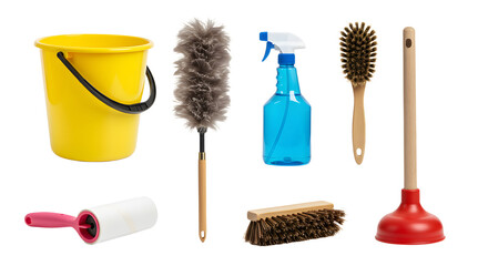 A collection of cleaning tools including a yellow bucket, dusters, spray bottle, and brushes, arranged for home cleaning tasks