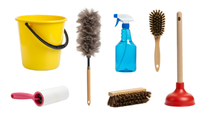 A collection of cleaning tools including a yellow bucket, dusters, spray bottle, and brushes, arranged for home cleaning tasks