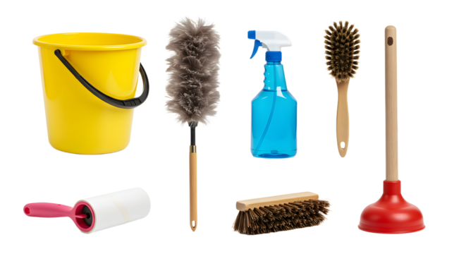 A collection of cleaning tools including a yellow bucket, dusters, spray bottle, and brushes, arranged for home cleaning tasks