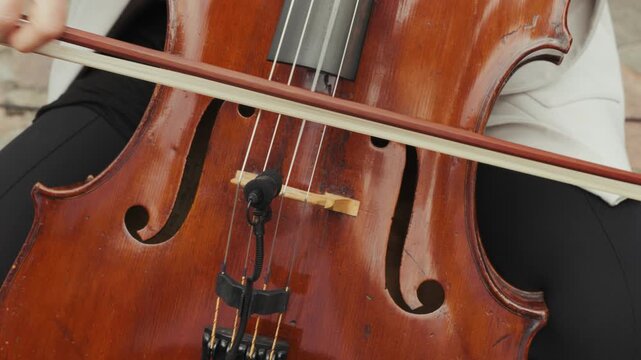 Close-up of musician playing cello with bow, detailed view of strings and wood instrument. Cello Performance at Wedding Ceremony