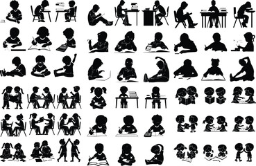Children Doing Homework Silhouette – Study Time Icon Vector Set Kids Focused on Homework – Educational Silhouette Illustration Pack