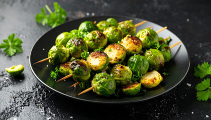 Roasted Brussels Sprouts Appetizer: A plate of roasted Brussels sprouts skewers, expertly prepared and presented, embodying culinary finesse and the joy of food