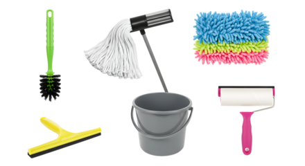 A collection of colorful cleaning tools including a mop, sponge, bucket, and lint roller arranged for a vibrant cleaning scene