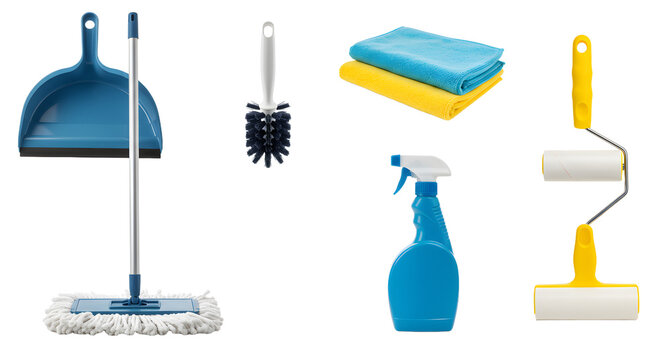 A collection of colorful cleaning tools including a mop, spray bottle, and cloth, arranged neatly on a white background
