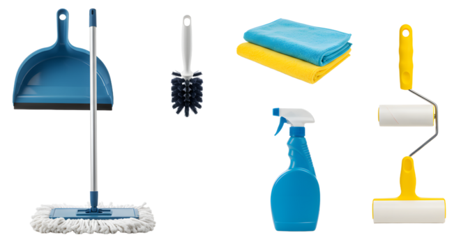 A collection of colorful cleaning tools including a mop, spray bottle, and cloth, arranged neatly on a white background