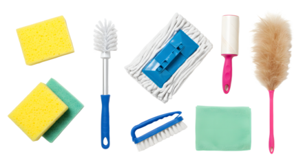 A collection of vibrant cleaning tools including sponges, brushes, and dusters arranged neatly for an organized cleaning session