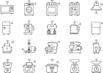 Smart household appliance icon set, kitchen technology vector pack, connected device illustrations for web, apps, packaging, tutorials, infographics, branding, and home design