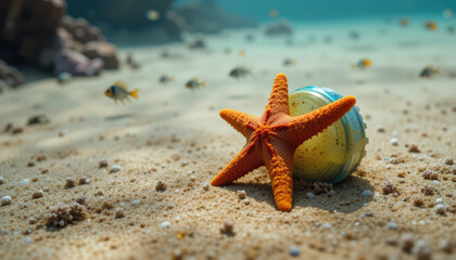 Underwater scene featuring starfish and plastic waste coral reef photography marine environment close-up environmental awareness