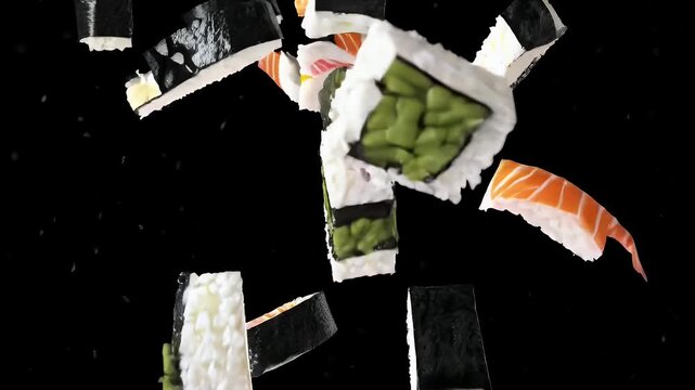 vibrant 4K vertical animation sushi pieces including tuna eel flying midair set against black background slow motion design video ed food branding Japanese cuisine