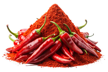 Vibrant red chili peppers piled on a mound of bright red chili powder isolated on a transparent background