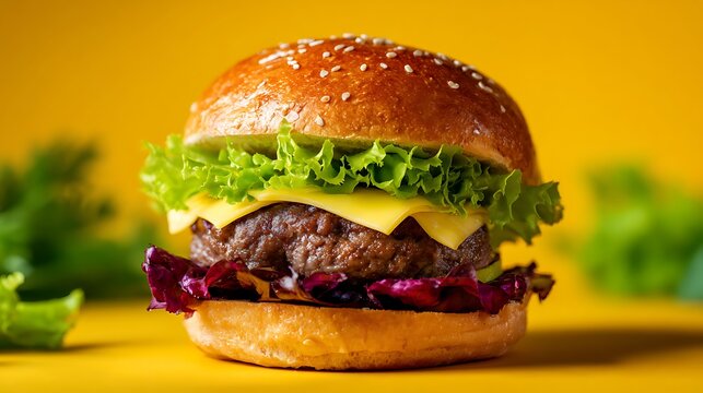 hamburger with melted cheese fresh lettuce bright colorful backdrop