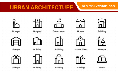 Urban Architecture Icons – Solid building set featuring house, office, bank, school, hotel, shop, university & hospital. Clean, scalable vector designs.
