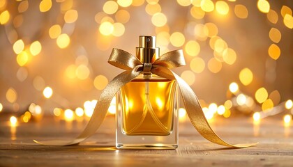 Golden perfume bottle on wooden surface with bokeh lights