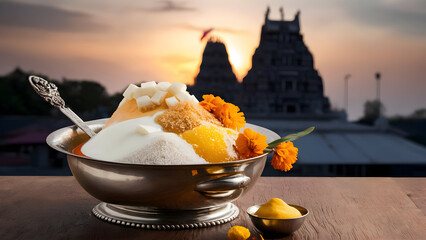 Traditional South Indian sweet dish in silver bowl with temple backdrop at sunset